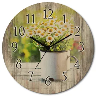 ARTLAND Wanddeko Wanduhr ohne Tickgeräusche aus Holz Quarzuhr lautlos rund Ø 30 cm Frühlingsgarten mit Echter Kamille T4UE Blumen Pflanzen Gänseblümchen