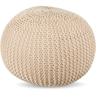 Relaxdays Pouf, gestrickt, HxD: 33 x 46 cm, Polystyrol-Füllung, rundes Bodensitzkissen, Boho Hocker, Sitzpouf, beige