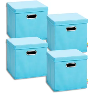 Storanda | 4er Set Aufbewahrungsbox mit Deckel 28x28x28 cm | Beiseitig Breite Griffe | Stabil & Faltbar | Regalbox für Würfelregal | Türkis