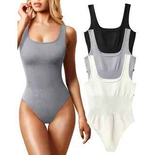 OQQ Damen Bodysuit 3-teilig Sexy Gerippt ärmellos Quadratischer Ausschnitt Schwarz Grau Beige