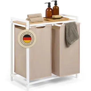 Blumtal Wäschesammler 2 Fächer Creme - Wäschekorb mit Ablage in Bambus-Optik - Wäschesortierer 2 Fächer - Laundry Organizer
