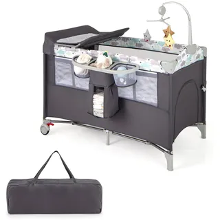 FANTASK Stubenwagen klappbar mit Matratze, Rollen, Spielbogen & Wickelauflage, 5 in 1 Beistellbett für Baby bis 3 Jahren (Grau)