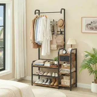 JOLLYTOP Garderobenständer, Standgarderobe mit Schuhablage, 5-in-1-Eingangsbank mit Haken und Ablagen, Industrielle Garderobe mit Schublade, für Flur, Schlafzimmer, Wohnzimmer, Vintagebraun
