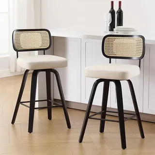 Barhocker 2er Set mit Rattan-Lehne, 65 cm Sitzhöhe, 360° Drehbarer aus Holz mit Extra Dicker Polsterung (7,1 cm) & Pflegeleichtem Kunstleder – Belastbar bis 150 kg – Weiß für Kücheninsel & Theke