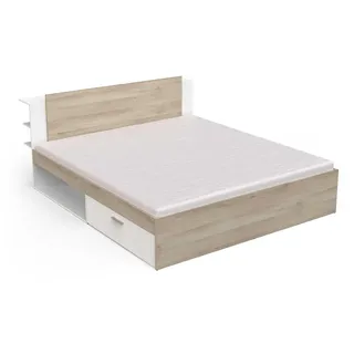 Demeyere Bett 180 x 200 cm mit Stauraum 2 Schubladen und 2 Nischen – skandinavischer Stil – Farbe Weiß Matt und Eiche Kronberg – 185 x 88 x 223 cm