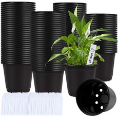 Augshy Schwarze Plastik Blumentöpfe, 110 Stück 15,2cm Kunststoff Pflanzentöpfe mit 110 Stück Etiketten Plastik Anzuchttöpfe für Sukkulenten Setzlinge Stecklinge Umpflanz
