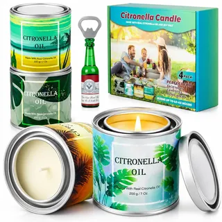 CREASHINE Citronella Kerzen Outdoor 4er Set, 800g Sojawachs Kerzen mit Zitronengras Duft, Lange Brenndauer für Garten, Balkon, Terrasse, Camping und Outdoor Aktivitäten