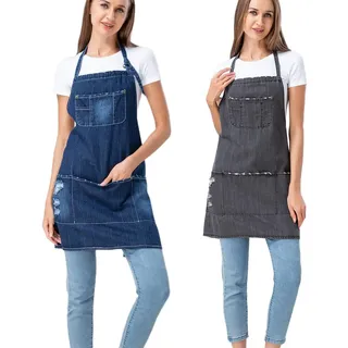 Jowcud Denim-Schürze mit 5 Taschen für Küche, Friseure, für Damen und Herren, verstellbare Lätzchen, Jeans-Schürze für Kunst, Café, Arbeit, Graues, dunkelblaues Set, Einheitsgröße