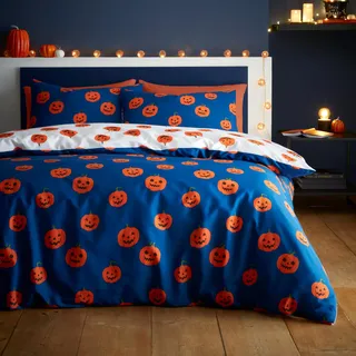 Catherine Lansfield Wende-Bettwäsche-Set mit Halloween-Kürbisen, für Einzelbett, Marineblau