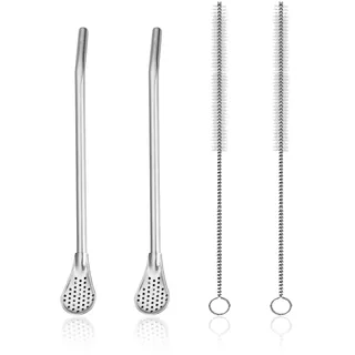 DAZZLUXE 2-teiliger Strohhalmlöffel und 2-teilige Bürste, Edelstahl-Strohhalmlöffel, Mehrzweck-Strohhalm, Edelstahl-Yerba-Mate-Becher, Teetrinkzubehör, Filterlöffel, geeignet für Tee, Kaffee, Saft