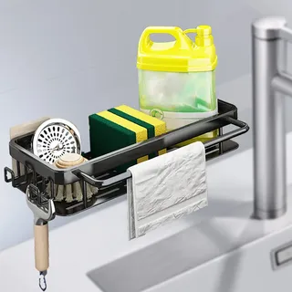 Spülbecken Organizer Edelstahl Spülbecken Caddy Organizer, Waschbecken Organizer Küche Schwammhalter Organizer Korb Hängend Wand Dule-use Küchenutensilienhalter für Küche Badezimmere (Schwarz +Haken)