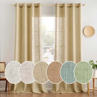 MIULEE Gardinen Leinen mit ösen Halbtransparent Vorhänge Weizen 215x140 cm | 2er Set, Leinenoptik Modern Voile Ösenvorhang, für Wohnzimmer Kinderzimmer Raumteiler, schlaufenvorhang