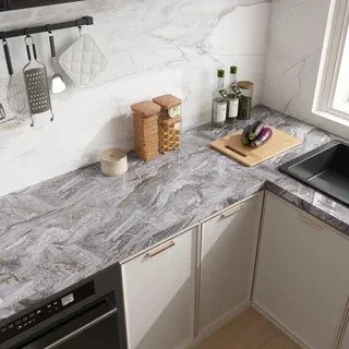 CRE8TIVE Grau Gold Tapete Selbstklebend Marmor Folie Glänzend Möbelfolie Selbstklebend Klebefolie Marmoroptik Wasserfest Tapete für Arbeitsplatte Badezimmer Tapete Küche Schrankfolie 30cm x 200cm