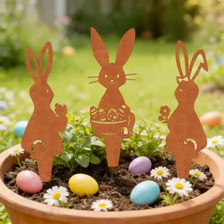 3 Stück Gartenstecker für Osterdeko Outdoor, Ostern Deko Rost Osterhasen Figuren, Deko Ostern Hase Roststecker, Gartendeko Rost, Frühlingsdeko Rostdeko Garten Osterdekoration für Zaun Pflanzentopf (C)