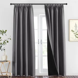 PONY DANCE Lichtundurchlässige Vorhänge Grau Doppellagiger und Dicker Vorhang Hitzeschutz Thermogardine mit Kräuselband Gardinen Blickdicht 2er Set H 260 x B 140 cm Verdunkelungsvorhang Schiene