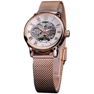 FORSINING Frauen Automatische mechanische Uhr Luxus Skelett Goldenes Zifferblatt Edelstahl Mesh Band Römische Ziffern Selbstaufzug Uhr, Rotgoldfarben, Armband