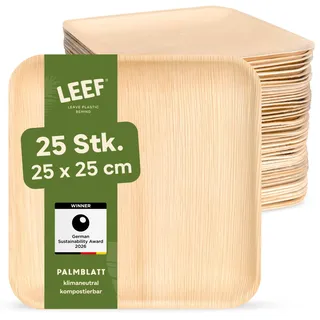 Leef 25x Palmblatt Teller eckig - Einweggeschirr kompostierbar und naturbelassen - 25 x 25 cm - umweltfreundlich - Geschirr Partygeschirr Einwegteller