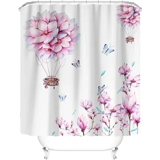 M&W DAS DESIGN Duschvorhang asiatisch Kirschblüten Ballon Japanische Pflanzen Textil Rosa Vorhang Schimmel Resistent waschbar Blätter Schmetterlingen inkl. 12 C-Ringe Gewicht unten