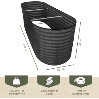 Hochbeet Metall oval 240x80x78cm anthrazit, Pflanzbeet wetterfest, Gartenbeet - Grau