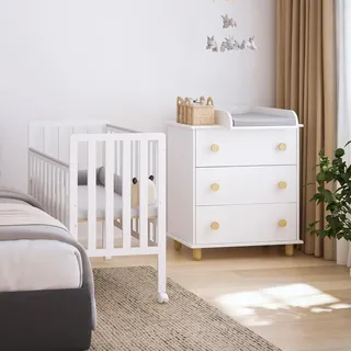 ZEE BAMBI Weiß Set Beistellbett Baby mit Rollen + Wickelkommode 3-fach höhenverstellbar Kinder Bett mit Absenkbarer Seite Gitterbett & Kommode - Weiß