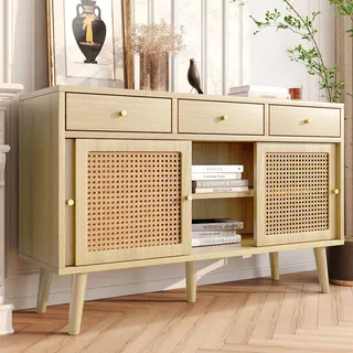 Merax Kommode Rattangeflecht Sideboard mit verstellbaren Einlegböden, Anrichte mit 3 Schubladen und 3 Schwebetüren, Rattan Wohnzimmerschränke Anrichte Massivholz 120*40*78cm - Naturbelassen