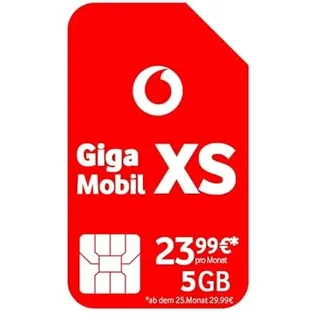 Vodafone Mobilfunkvertrag GigaMobil XS | Jetzt 5 GB Datenvolumen | Zusätzlich 24 x 20% Tarifrabatt | 5G-Netz | Telefon- SMS-Flat | EU-Roaming