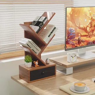 COSTWAY Bücherregal Baumform, Holzregal mit Schublade, Bücherregal auf dem Tisch und Boden, CD- und DVD-Regal, kleines Regal für Arbeitszimmer und Büro 30 x 17,5 x 60 cm (3 stöckig, Braun)