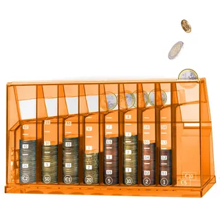 ECB Münzsortierer Euro Spardose | Für Büro und Kinderzimmer | Als Geschenk für Erwachsene und Kinder | Hergestellt aus recyceltem Material | Abschließbar (mit Schlüssel) | Transparent Orange