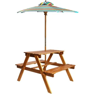 Kinder-Picknicktisch aus massivem Akazienholz 79x90x60 cm mit abnehmbarem Sonnenschirm wetterfest stabil ideal als Gartentisch für draußen und Poolbereich - Braun