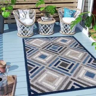 Carpeto Rugs Geometrisch In- & Outdoor Teppich Wetterfest für Balkon, Terasse - Balkon Teppich Wasserfest - Outdoorteppich Wetterfest - Aussenteppich Terrasse Groß - Blau Grau 2 - 160 x 230 cm - Grau