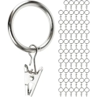Gardinenklemmen mit Ringen, 60 Pack, in Silber-Farben, Ø 25 mm innen, Gardinenringe für bis Ø 24 mm Dicke Gardinenstangen, Vorhang Ringe Klammer Haken, Gardinen Klemmen Aufziehringe, Curtain Rings