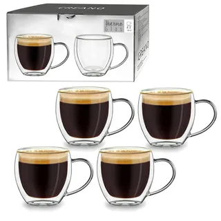 Creano doppelwandige Espresso-Gläser mit Henkel, 4er-Set 100ml, Mokkatassen, Thermo-Gläser mit Schwebe-Effekt