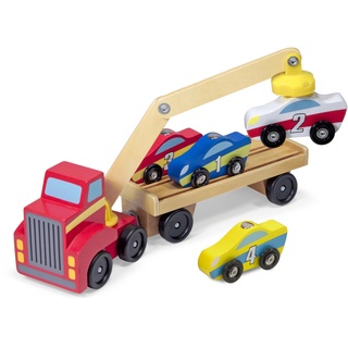 Melissa & Doug - Magnetisches Autotransporter-Spielzeugset aus Holz – (Autos & Lkws, 4 Autos und 1 Lkw mit Sattelauflieger, tolles Geschenk für Mädchen und Jungen - Kinderspielzeug, 3, 4, 5, 6 Jahre)