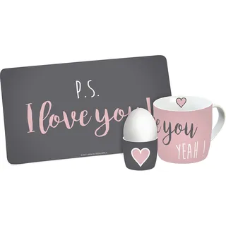 infinite by GEDA LABELS Frühstückset 3-teilig I Love You Frühstücksset, Melamin, rosa/grau, 23,5 x 9,5 x 14,5 cm, 3-Einheiten