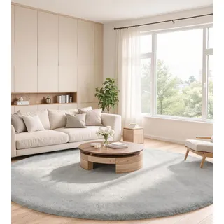 ROHATIM Teppich Rund 90 cm Grau, Flauschiger Kunstfell Teppich in Kaninchenfell-Optik, Ultraweich & rutschfest, Waschbares Deko-Fell für Wohnzimmer und Schlafzimmer