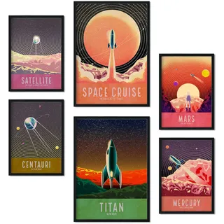 Nacnic-Set von 6 Planetarium Posters. Sammlung von Plakate mit Collage Ästhetik für Innendekoration. Größen A3 und A4. Rahmenlos