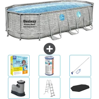 Bestway Oval Power Steel Swim Vista Swimmingpool – Steindruck – 549 x 274 x 122 – inklusive Pumpe – Leiter – Abdeckung Wartungspaket - Filter - Reinigungskit