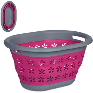 Relaxdays Wäschekorb faltbar, 17 l, Kunststoff, mit Tragegriffen, HxBxT: 26,5 x 50,5 x 37,5 cm, Wäschewanne, pink/ grau