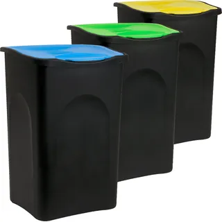 DEUBA® 3x Mülleimer mit Schwingdeckel 50L Abfalleimer Automatik Geruchsarm Küche Bad Biomüll Gelber Sack Kunststoff Mülltrennung - Schwarz, Gelb, Grün, Blau