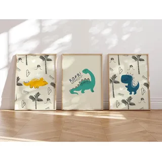 MeinBaby123® Dino Poster Kinderzimmer | Dinosaurier 3er Set DIN A4 I Bilder Kinderzimmer Jungen | Dino Deko Bilder | Babyzimmer Deko (Poster Set - 1)
