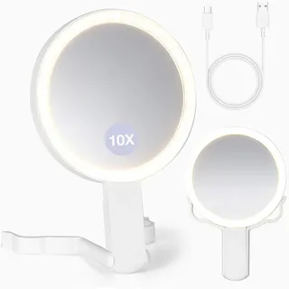 VINATO Faltbarer Schminkspiegel mit 10X Vergrößerung & Beleuchtung, Dual-Sided Kosmetikspiegel mit 3 Lichtmodi, Tragbarer Vergrößerungsspiegel mit LED für Unterwegs