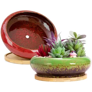 Artketty Sukkulententöpfe – 2 Stück große Bonsai-Töpfe mit Drainageschale, 18 cm Flache Pflanzgefäße für Zimmerpflanzen, Keramik-Kaktus-Pflanzenbehälter, Schüssel für Zuhause, Büro, Schreibtisch