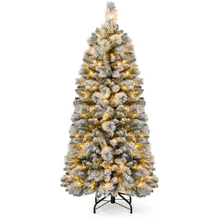COSTWAY 150 cm Künstlicher Weihnachtsbaum mit Beleuchtung, Pop Up Tannenbaum mit 130 warmweiße LED-Lichtern & 378 Zweigspitzen, beflockter Christbaum, Festbaum Kunstbaum für Zuhause, Geschäft & Büro