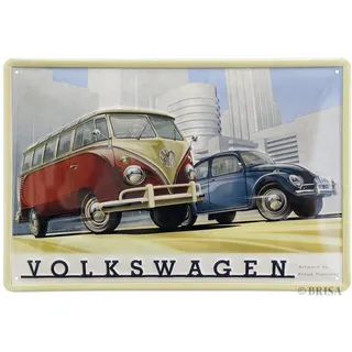 BRISA VW Collection - T1 Bulli Bus Käfer Blechschild Vintage Dekoration | Volkswagen Retro Metallschild Wandschild Garage Werkstatt Hobbykeller, Bus & Käfer/Bunt