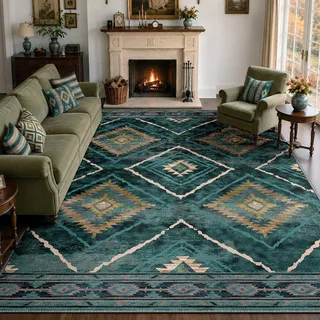 DEFYNEE Teppich Wohnzimmer 240 x 300 cm, Waschbar Teppiche Groß, Petrolgrün | Vintage Wohnzimmerteppich, waschbarer, OEKO, Retro, Rutschfest Kurzflor Weich für Schlafzimmer, Esszimmer, Küche, Büro