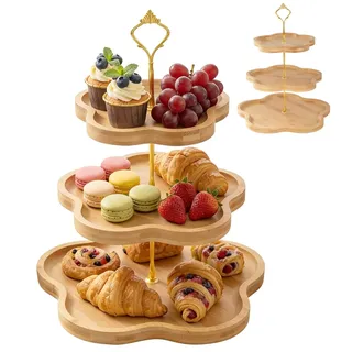 DUJUST Eleganter Holz-Cupcake-Ständer mit 3 Ebenen und Blumenform-Design, Bambus-Etagere für Cupcakes, Desserts, Hochzeiten und Dekoration im rustikalen Wohnstil, Einfach zu Montieren und zu Reinigen