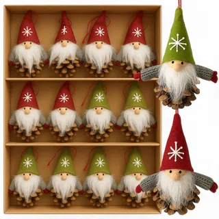 MIJOMA 12er Set Weihnachtswichtel – Handgemachter Baumschmuck aus Holz & Stoff – Deko-Wichtel für Tannenbaum Adventskranz Geschenkanhänger (Zapfenwichtel mit Bart)