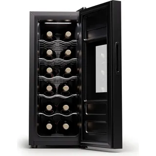 Klarstein Freistehender Weinkühlschrank 1 Zone, Getränkekühlschrank Klein, Kleiner Weinschrank, Wein-Kühlschrank Klein mit Glastür, Indoor/Outdoor Flaschenkühlschrank, Wine Fridge, 12 Flaschen - Schwarz