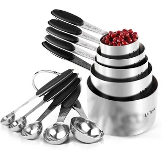 U-Taste Messbecher und Messlöffel Set, 18/8 Edelstahl, 10 Stück, Schwarz | Griff mit Verbesserter Dicke, Amerikanisch