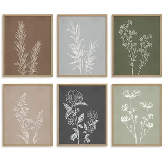 Dazzlewall 6 Stück Vintage Rustikale Botanik Wandbilder, Boho Blumen Bilder für Landhaus Küche Wohnzimmer Deko 8x10 Zoll Ungerahmt